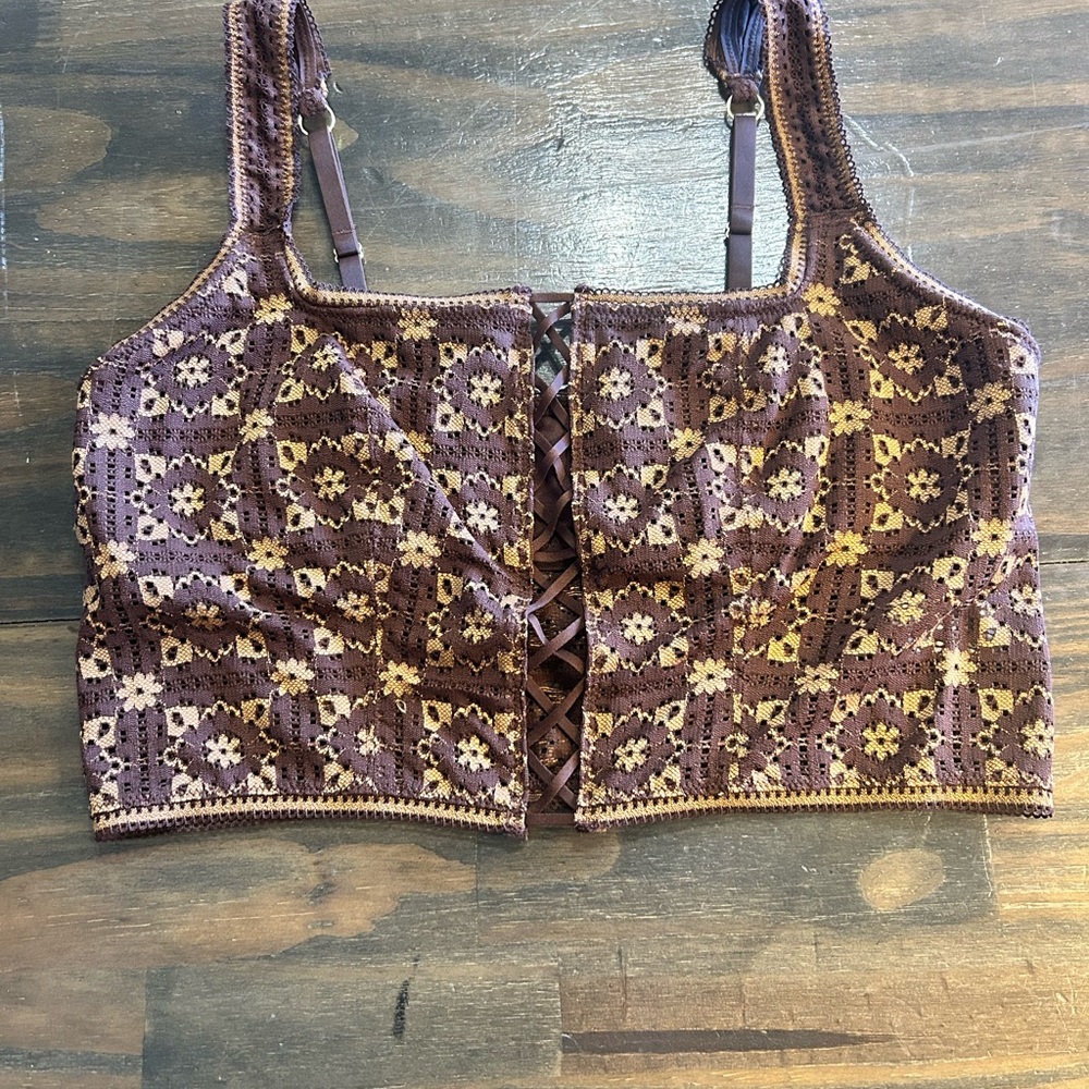 Aerie Brown Crochet Lace-Up Women Top